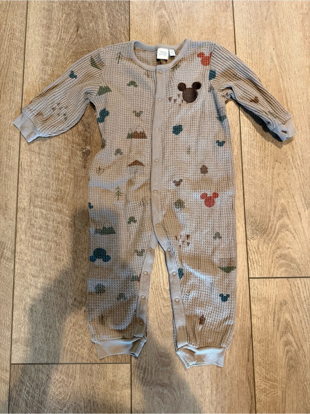 Disney Baby Beige Waffle Knit Baby One-Piece with Mickey Design